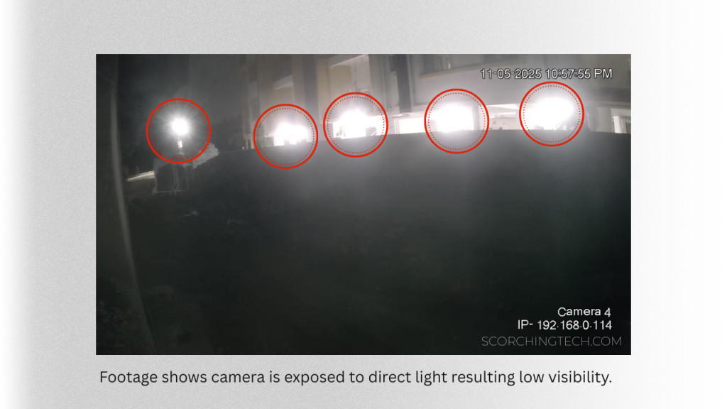 Footage shows camera is exposed to direct light resulting low visibility.