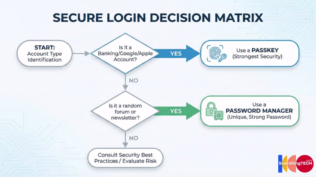 Flowchart helping users decide when to use a passkey versus a password manager.