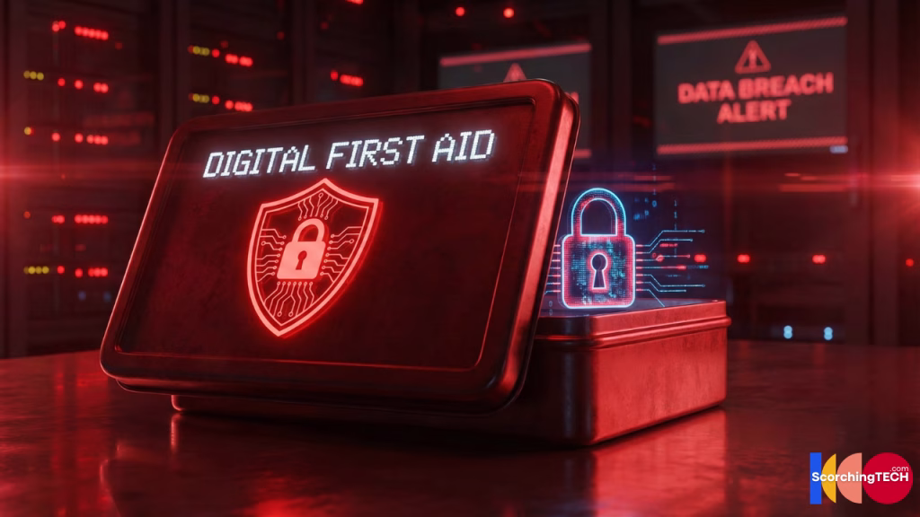 Digital emergency response concept art symbolizing data breach containment for Data breach response guide