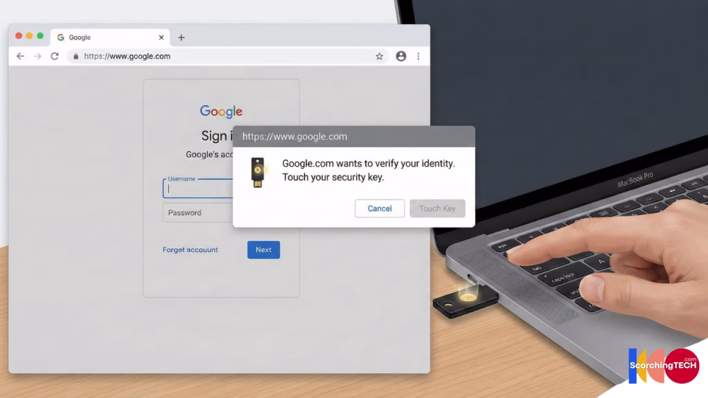 YubiKey setup guide: Google Chrome browser prompt asking user to touch their security key to log in.