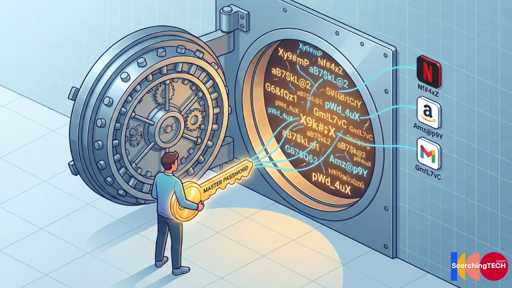 Illustration showing how a password manager encrypts multiple unique passwords behind a single master password.