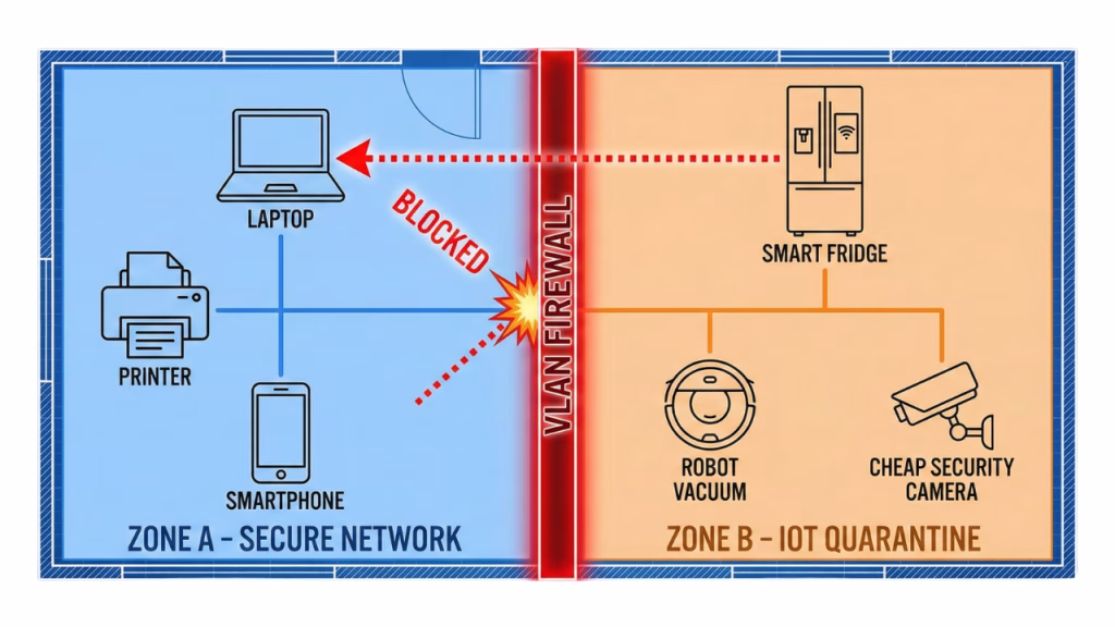 Network segmentation diagram showing IoT devices isolated on a Guest Network separate from work devices.