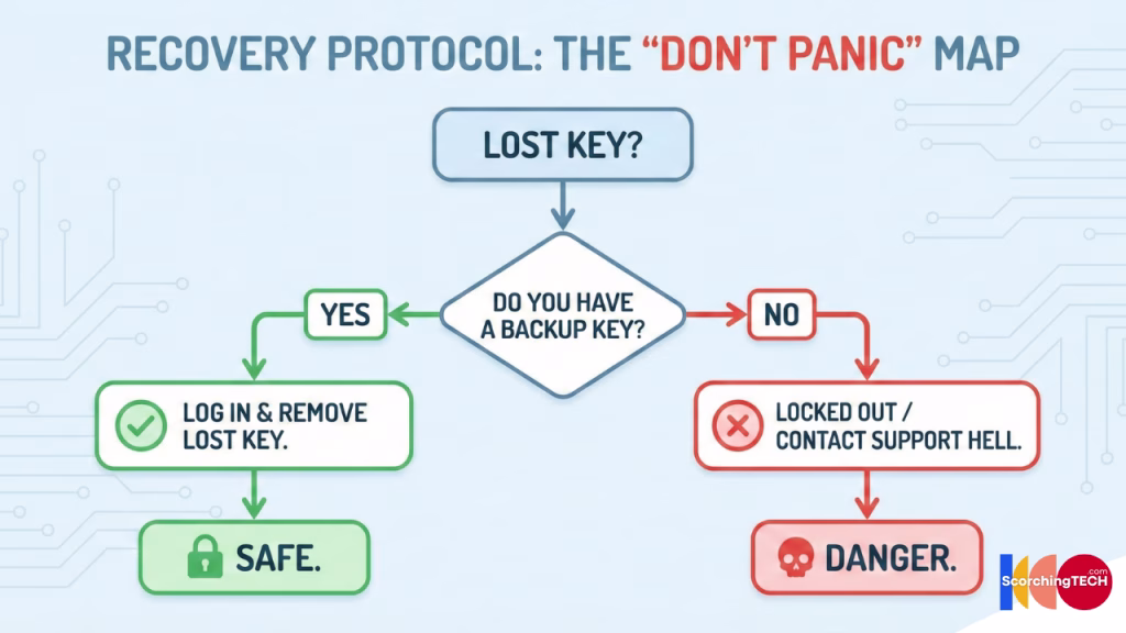 Flowchart guiding users on what to do if they lose their primary hardware security key.
