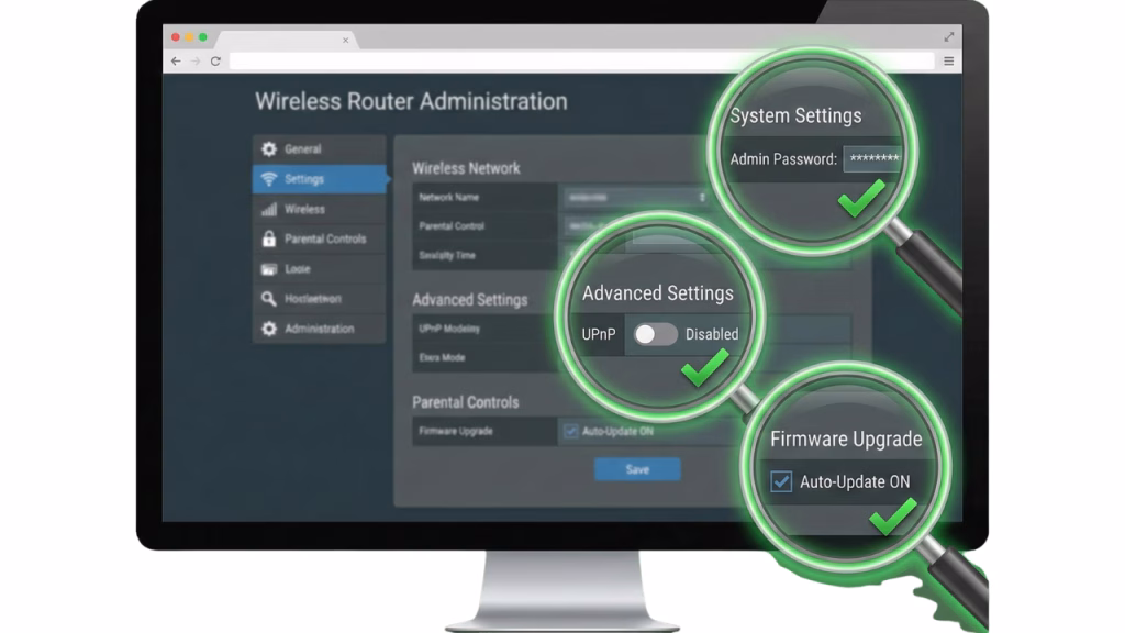 Router admin panel mockup highlighting critical security settings like disabling UPnP and changing default passwords.