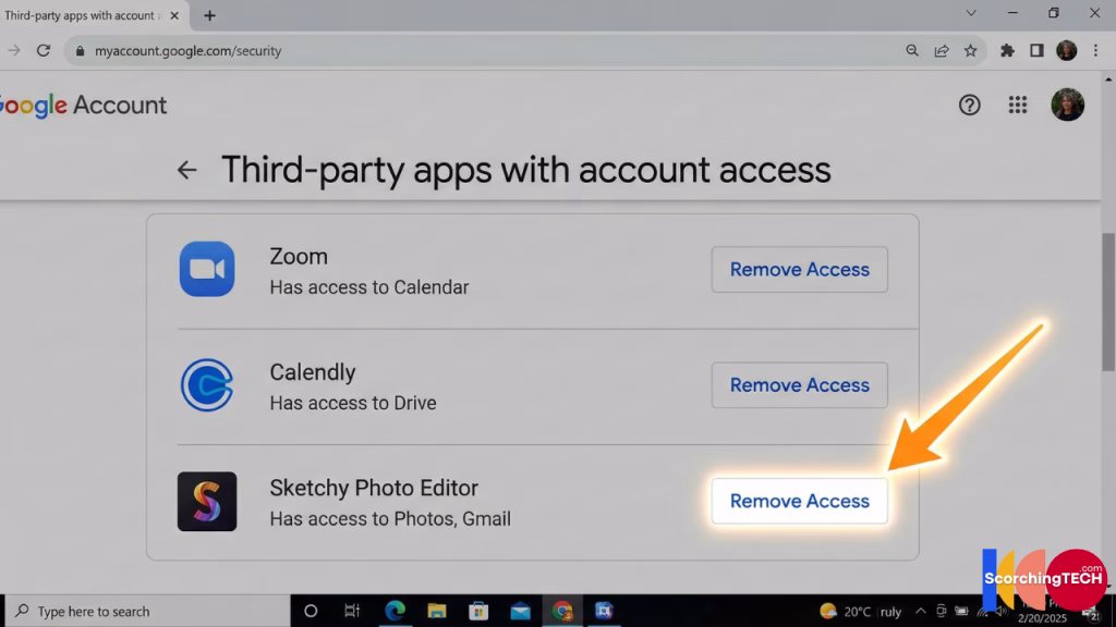 Screenshot of Google Security settings showing how to revoke third-party app permissions