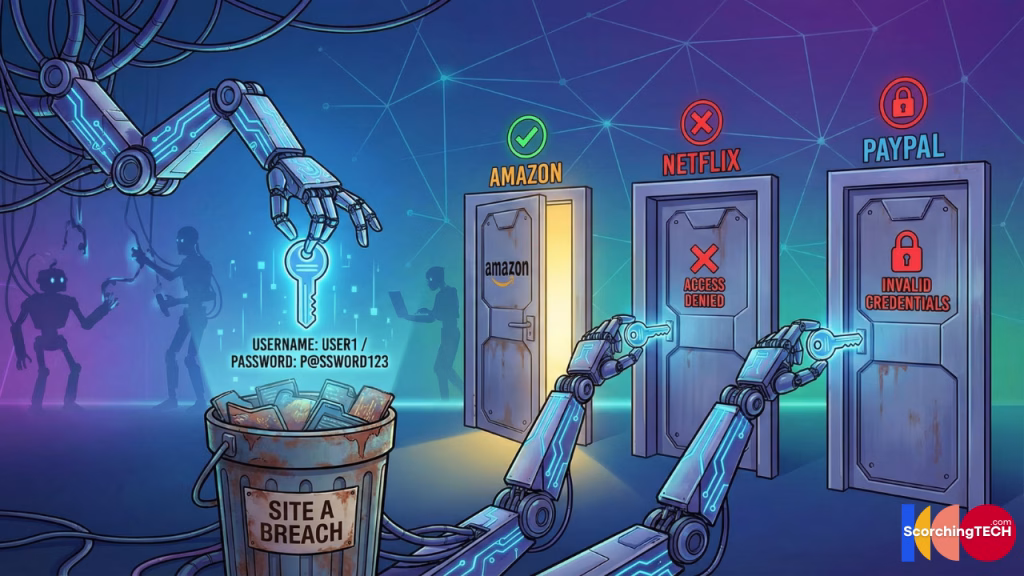 Illustration of a credential stuffing attack using stolen passwords across multiple websites.