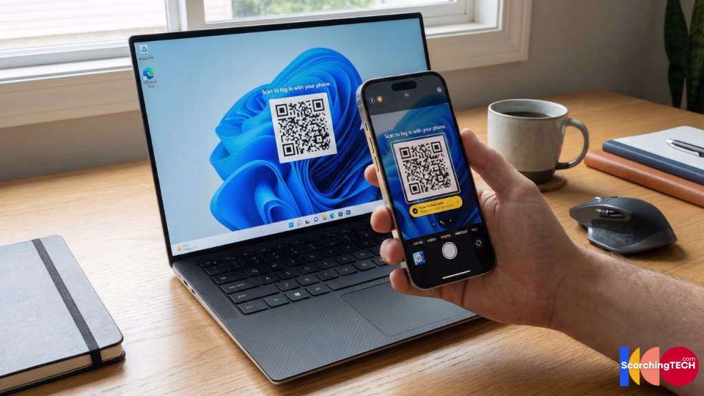 Cross-device authentication flow scanning a FIDO QR code on a computer using a smartphone.