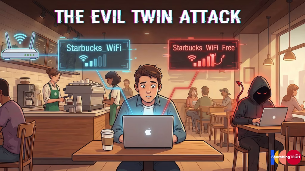Illustration of an Evil Twin Wi-Fi attack where a hacker mimics a legitimate public network.
