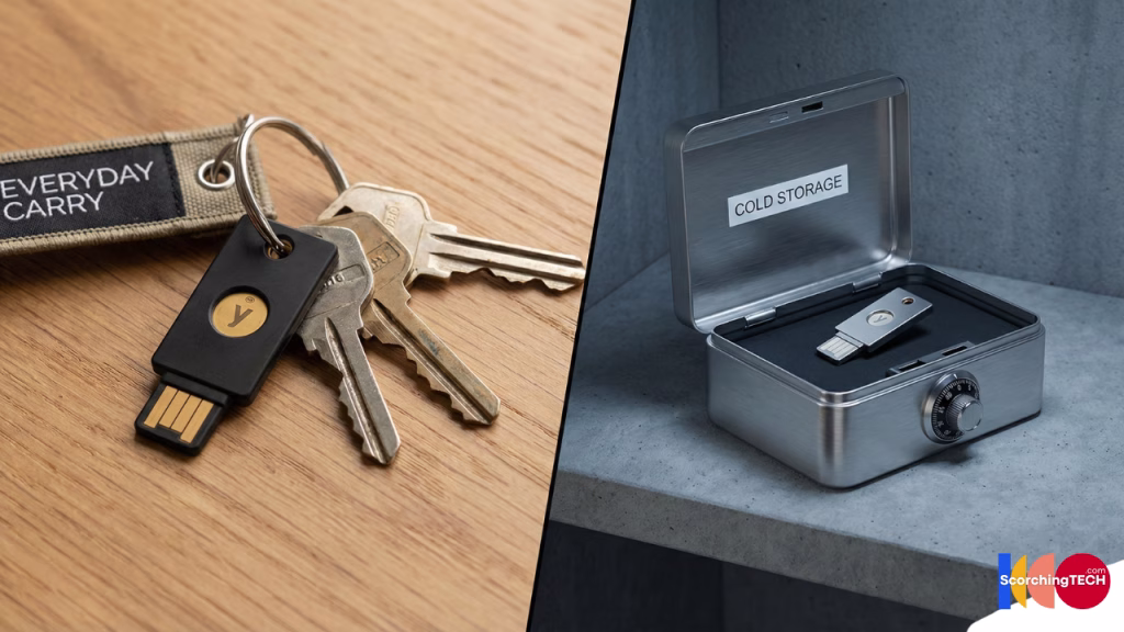 Comparison showing a primary security key on a keyring versus a backup key stored in a safe.