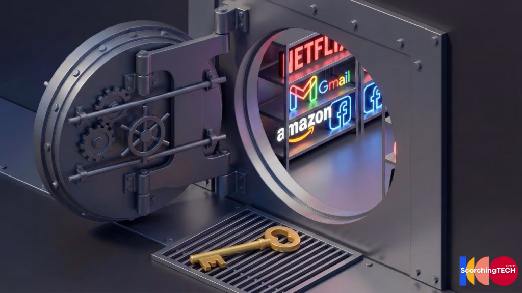 A bank vault filled with app logos, opened by a single master key, illustrating how password managers work.