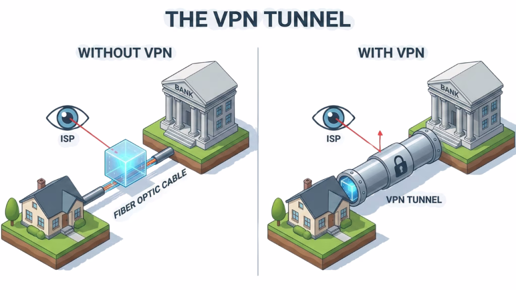 Diagram showing how a VPN creates an encrypted tunnel to hide browsing data from ISPs.