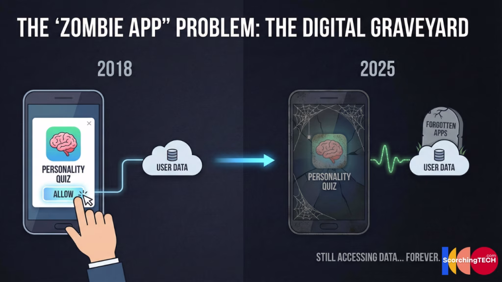 Timeline graphic showing an old 2018 app maintaining access to user data in 2025.