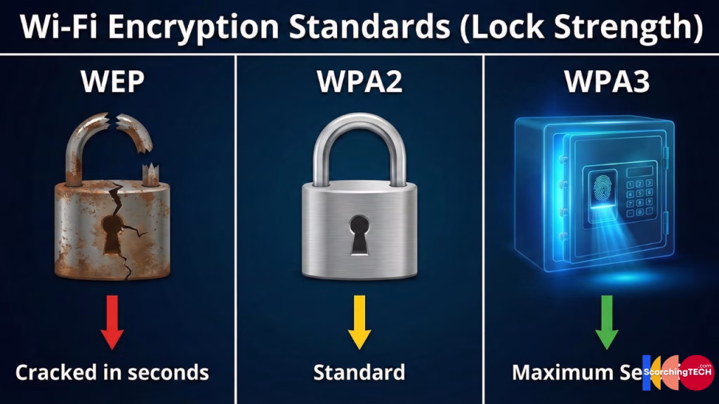 Comparison of Wi-Fi encryption standards WEP vs WPA2 vs WPA3 security levels.