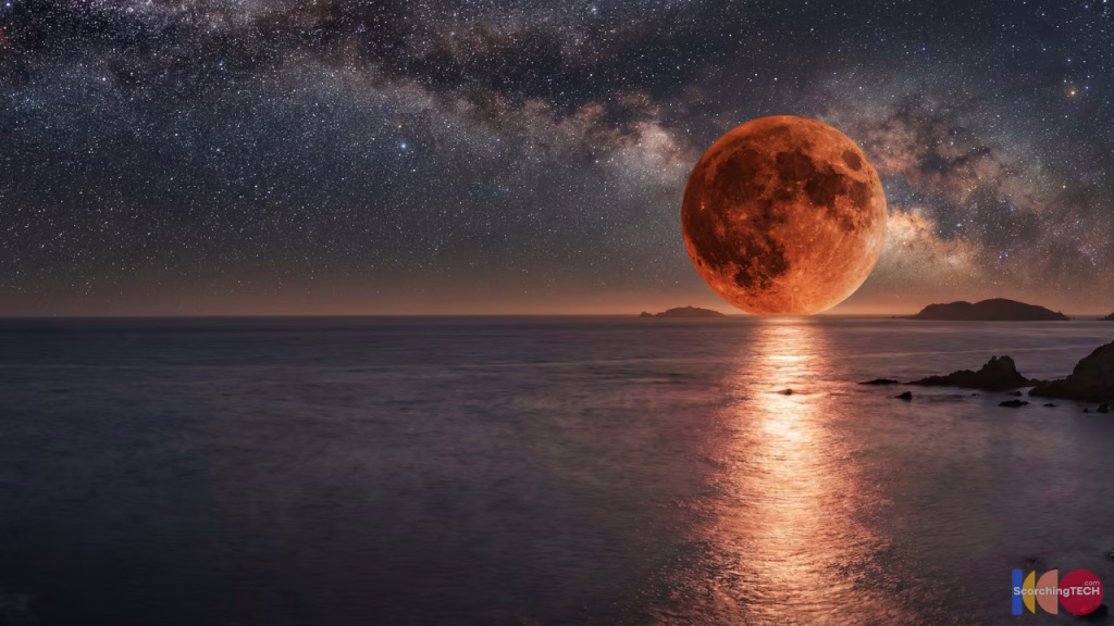 Deep red Blood Moon hanging low over the Pacific Ocean with starry sky and Milky Way during Total Lunar Eclipse March 3 2026.