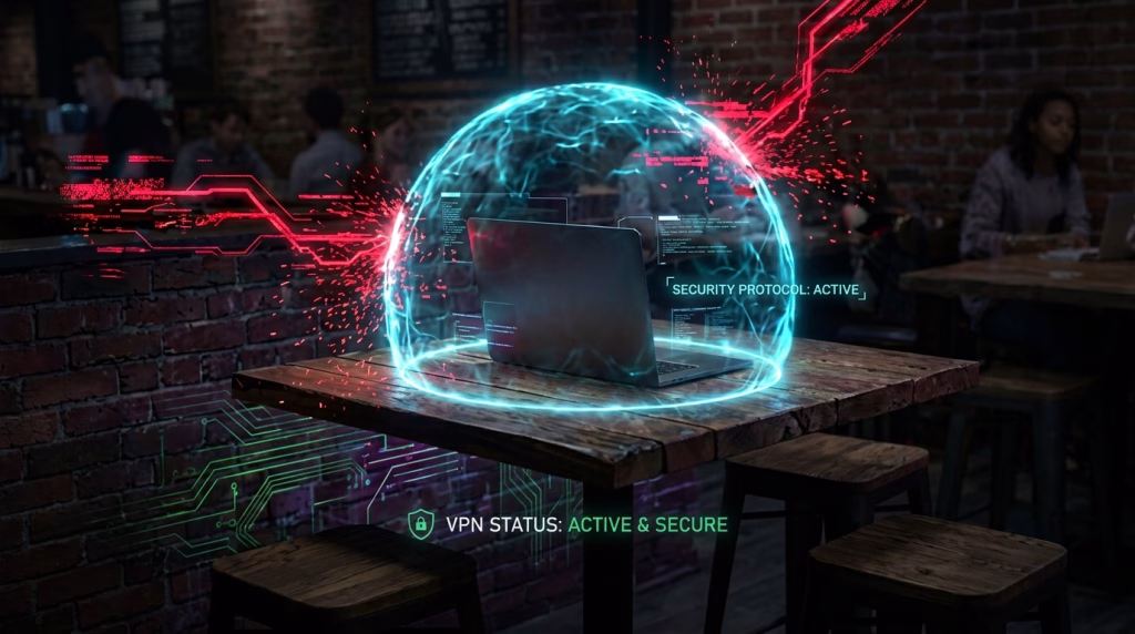 Digital art of a glowing blue forcefield protecting a laptop on a coffee shop table from red malicious digital waves, symbolizing a VPN securing public Wi-Fi connections.