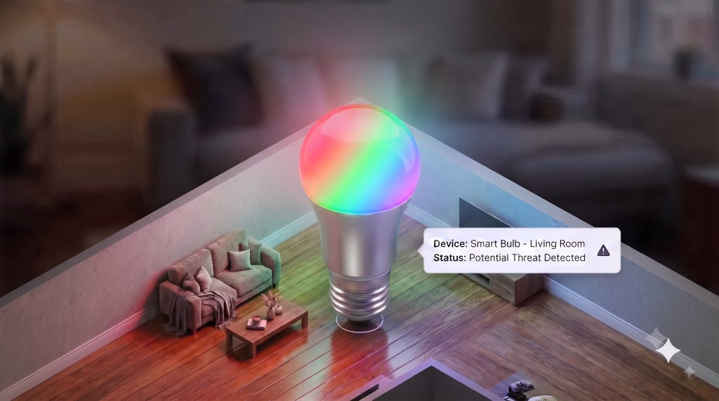 Conceptual illustration of a smart lightbulb acting as a trojan horse for network hackers.