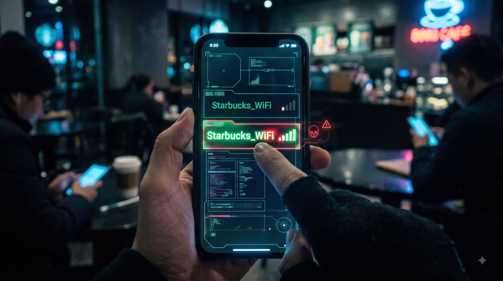 Smartphone Wi-Fi menu showing two identical network names, illustrating an Evil Twin attack.