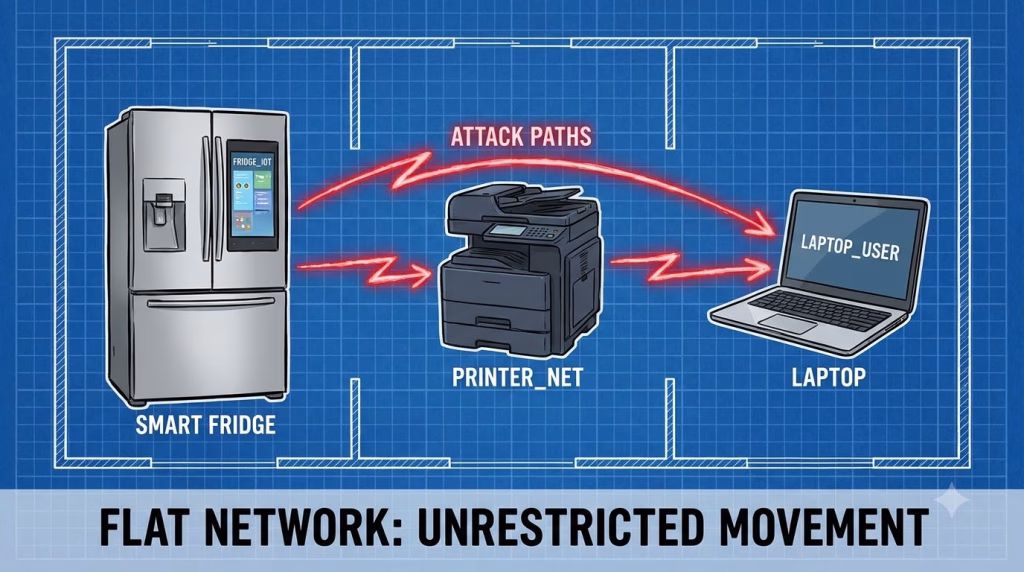 Secure Smart Home- Diagram showing lateral movement where a compromised IoT device attacks a laptop on a flat network.