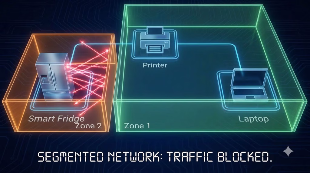 Network segmentation diagram showing VLANs blocking an attack from an infected IoT device. Isolate IoT Devices