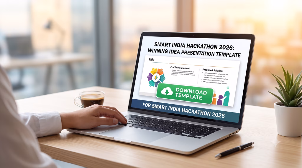 Smart India Hackathon 2026 Idea Presentation Template : A person working on a laptop displaying a downloadable idea presentation template for the Smart India Hackathon 2026, featuring a prominent download button and sample slide layout.
