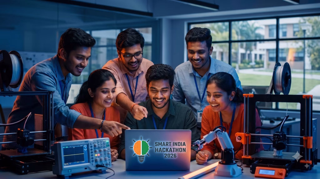 A group of Indian engineering students collaborating on a laptop for the Smart India Hackathon 2026 registration and team formation.