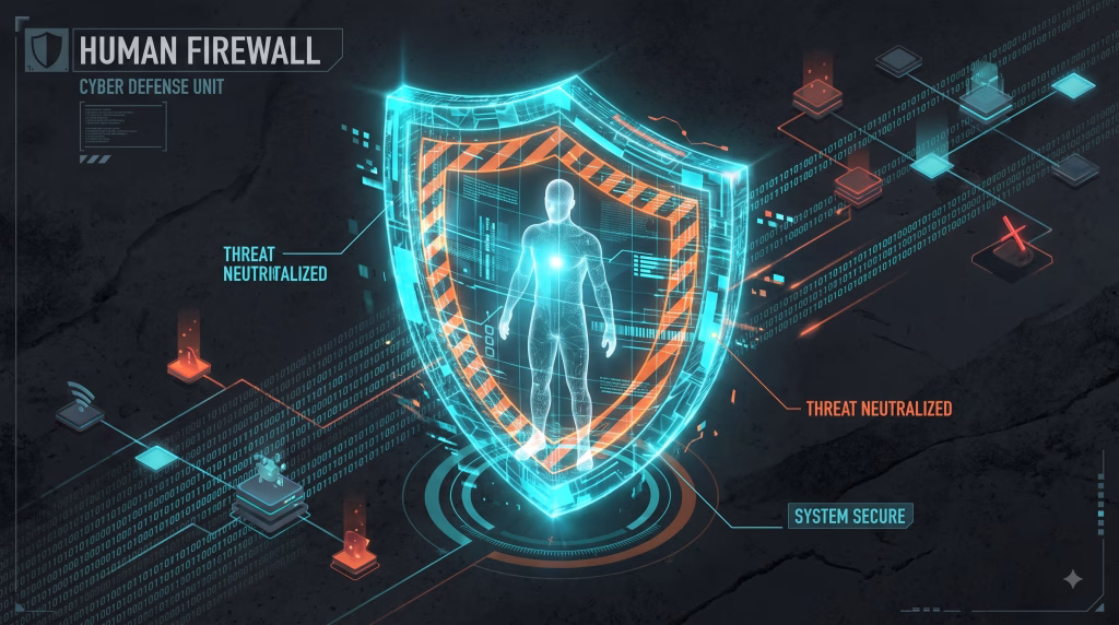 Abstract illustration of a glowing digital shield protecting a human silhouette from cyber threats, representing the human firewall against social engineering attacks.