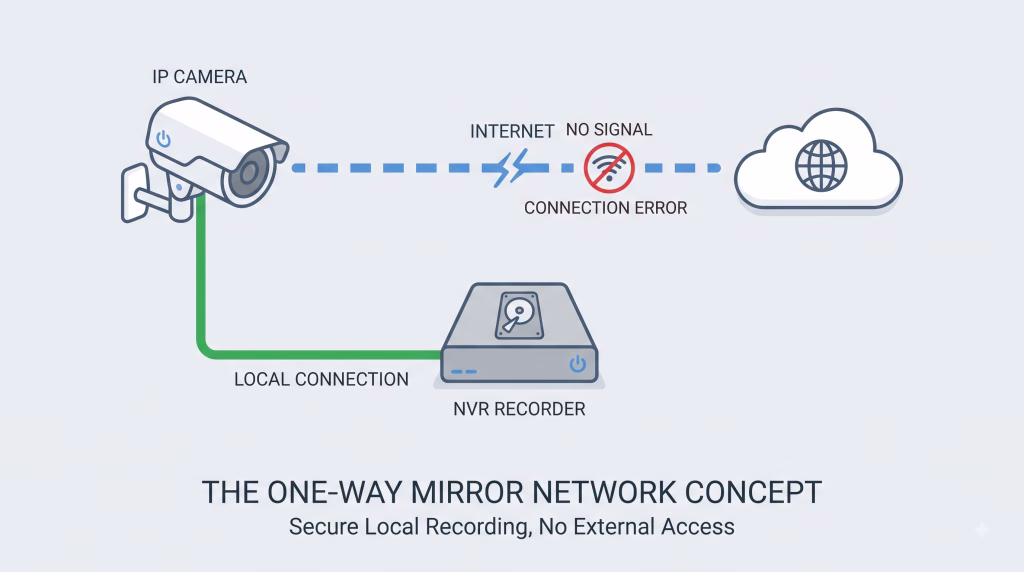 Diagram showing an IP camera isolated from the internet but connected to a local recorder