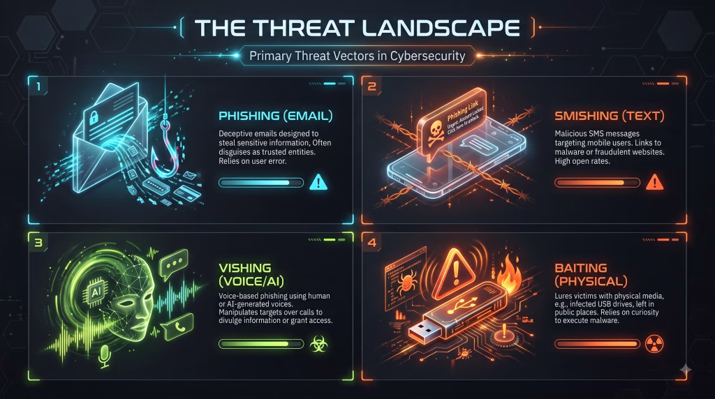 Infographic outlining the four main types of social engineering attacks: Email Phishing, SMS Smishing, Voice Vishing, and Physical Baiting.