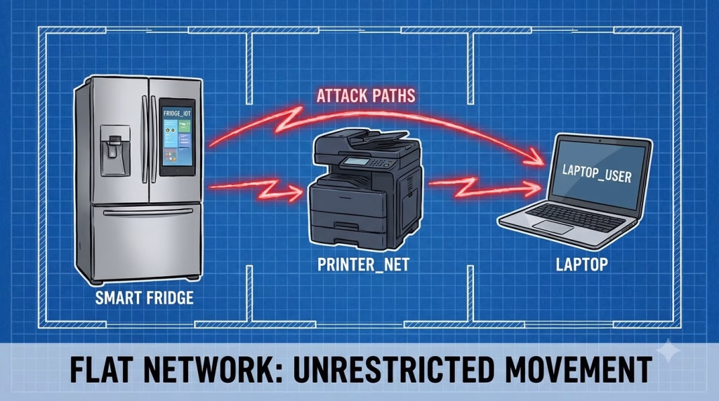 Secure smart home IoT Network Segmentation. Diagram showing lateral movement where a compromised IoT device attacks a laptop on a flat network