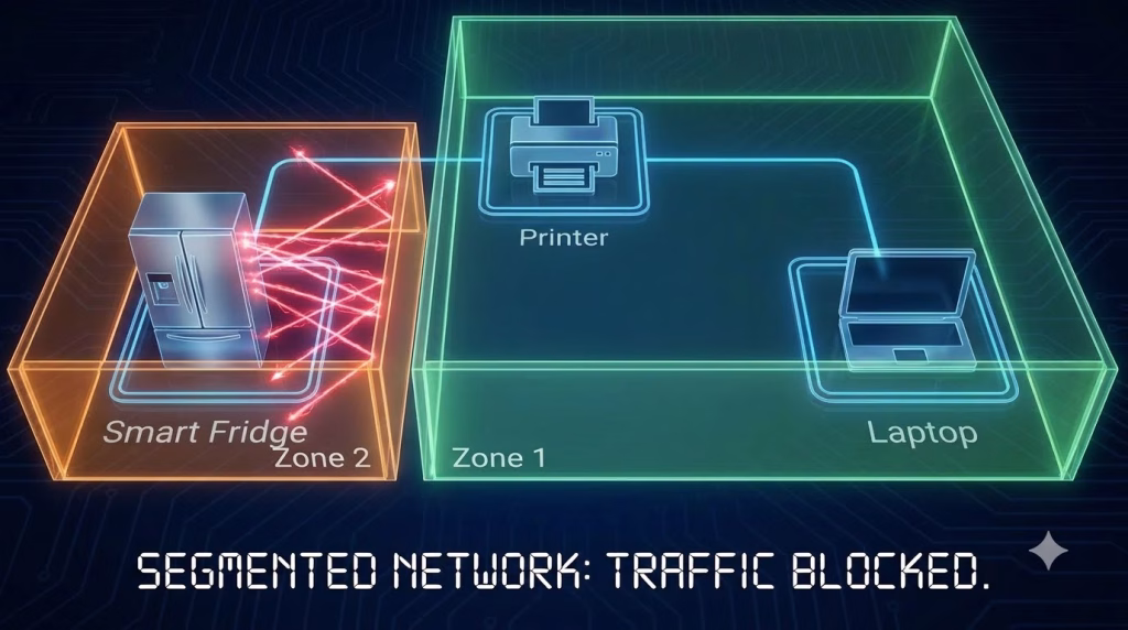 Network segmentation diagram showing VLANs blocking an attack from an infected IoT device.