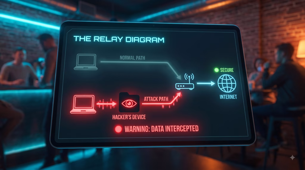 iagram explaining how a Man-in-the-Middle attack reroutes internet traffic through a hacker's device.