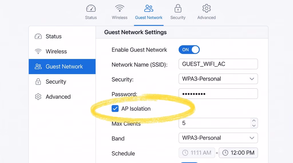 Router settings screenshot highlighting the AP Isolation feature for guest networks.