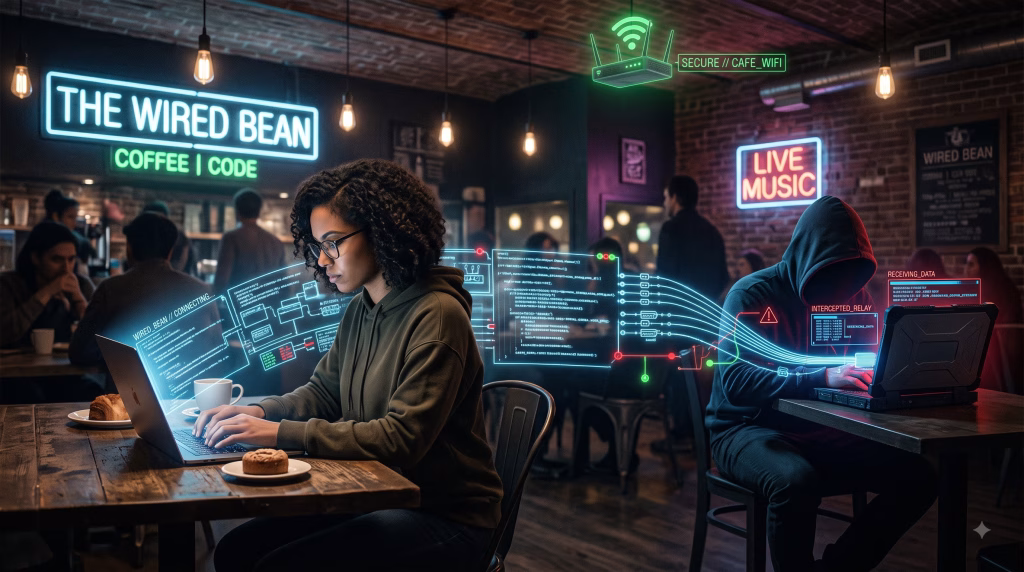 Illustration of a hacker intercepting public Wi-Fi traffic in a coffee shop.